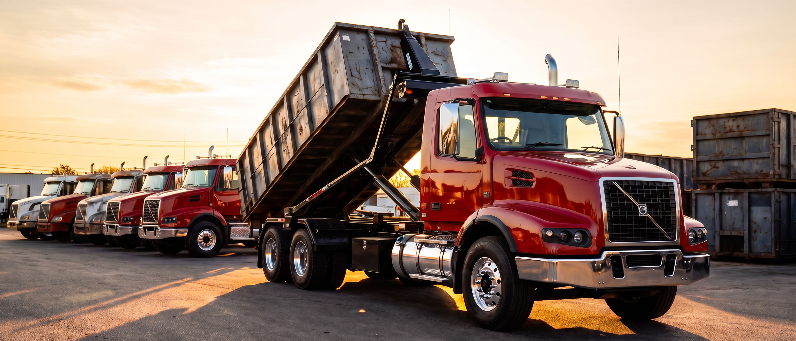 Volvo VHD roll-off trucks lined up at RDK Truck Sales in Tampa, with the front truck's roll-off container raised on the hoist